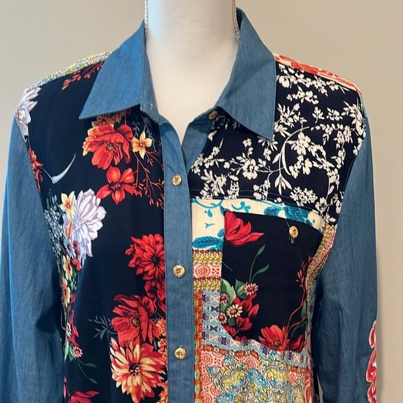 EUC Caleoas Mixed Media‎ Patchwork Drapey Button Down Top Blouse Large L Boho - Picture 2 of 16